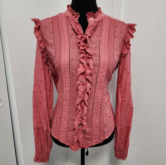 Boden Iris Broderie Ruffle Blouse in Dusty Red - Picture 4 of 11